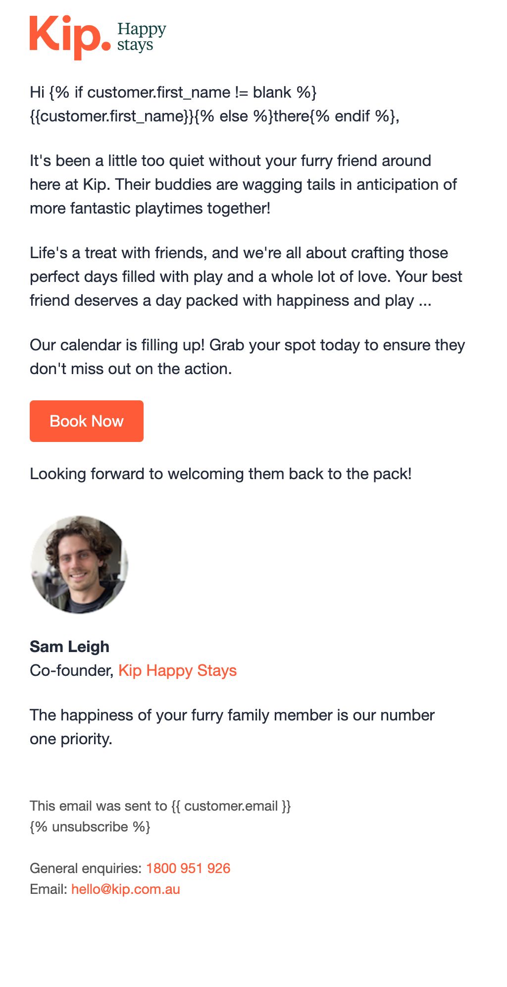 Kip win-back email, plain-text version signed by co-founder Sam Leigh