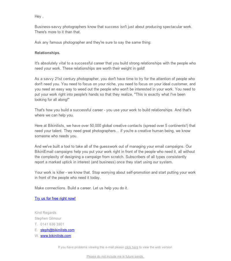 Redesigned plain-text Bikinilists email focused on relationships