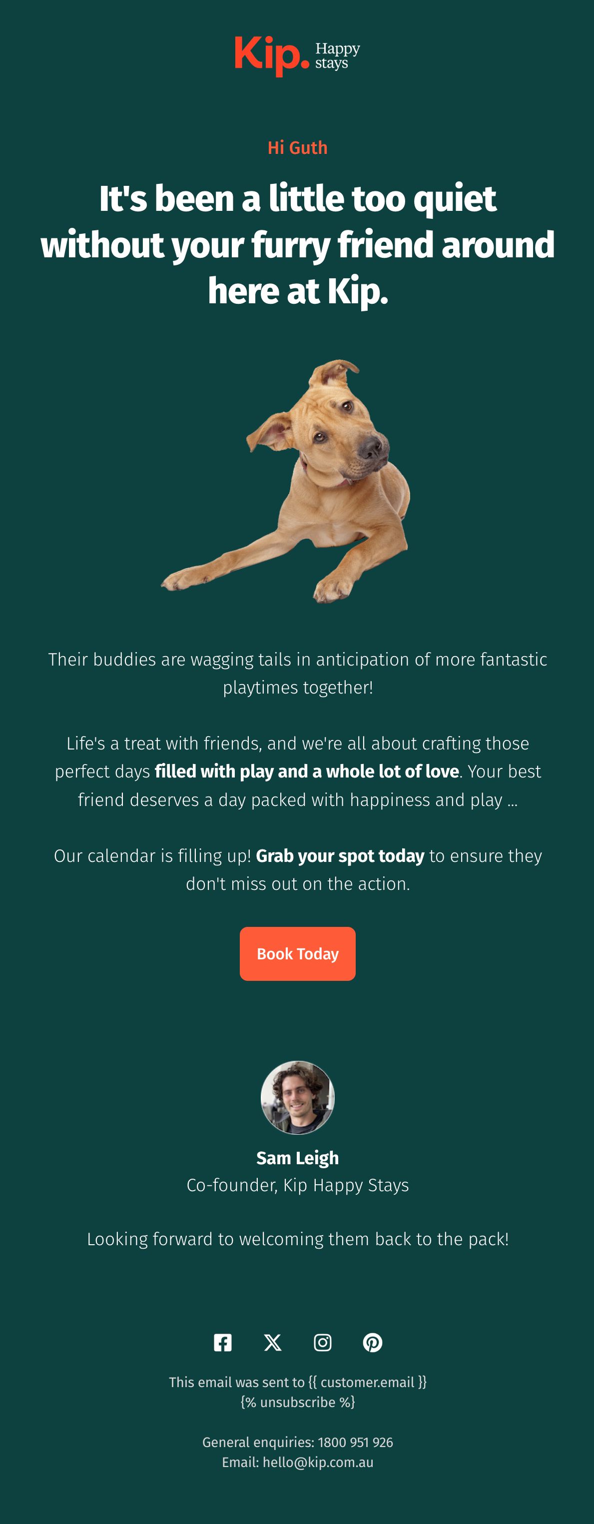Kip win-back email, designed version with dog photo and Book Today button