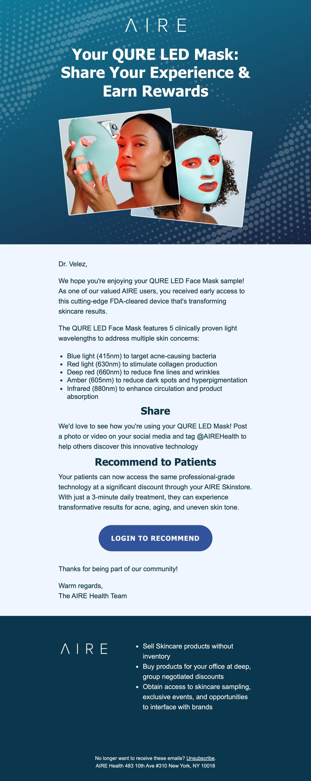 AIRE QURE LED Mask email inviting practitioners to share their experience and recommend to patients