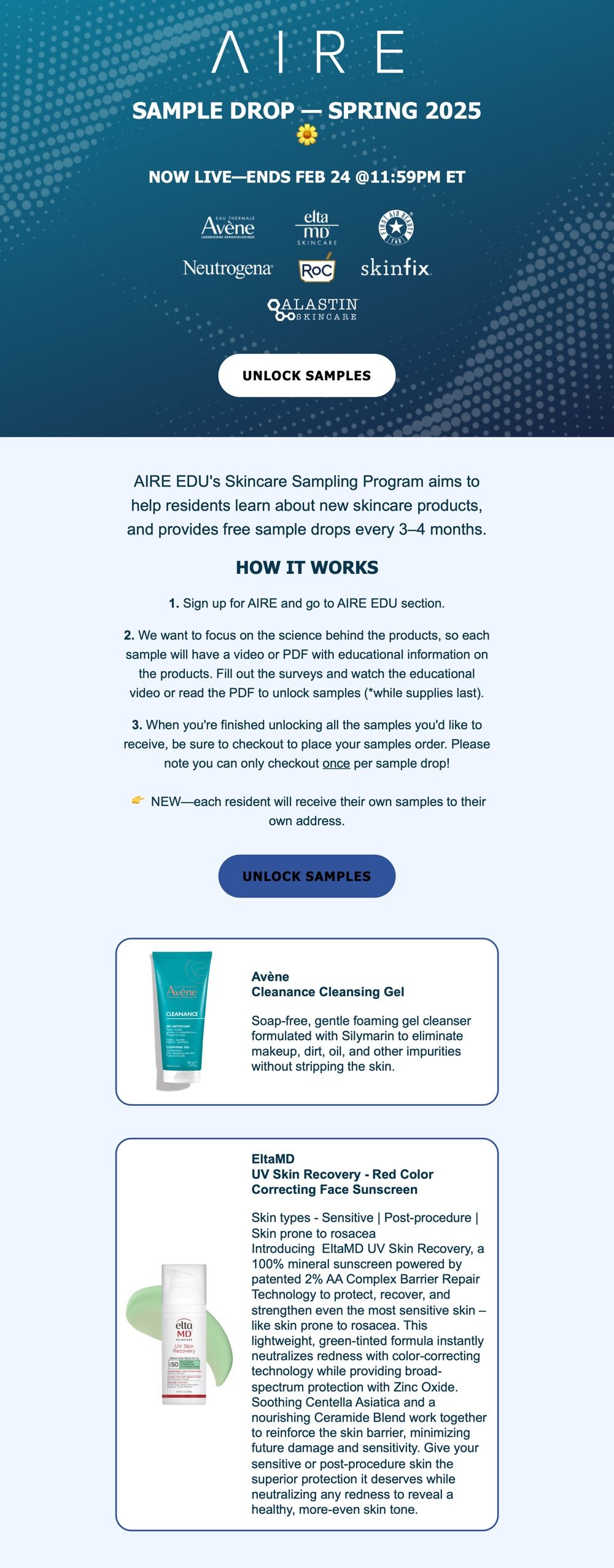 AIRE Sample Drop announcement email with skincare brand logos and product cards