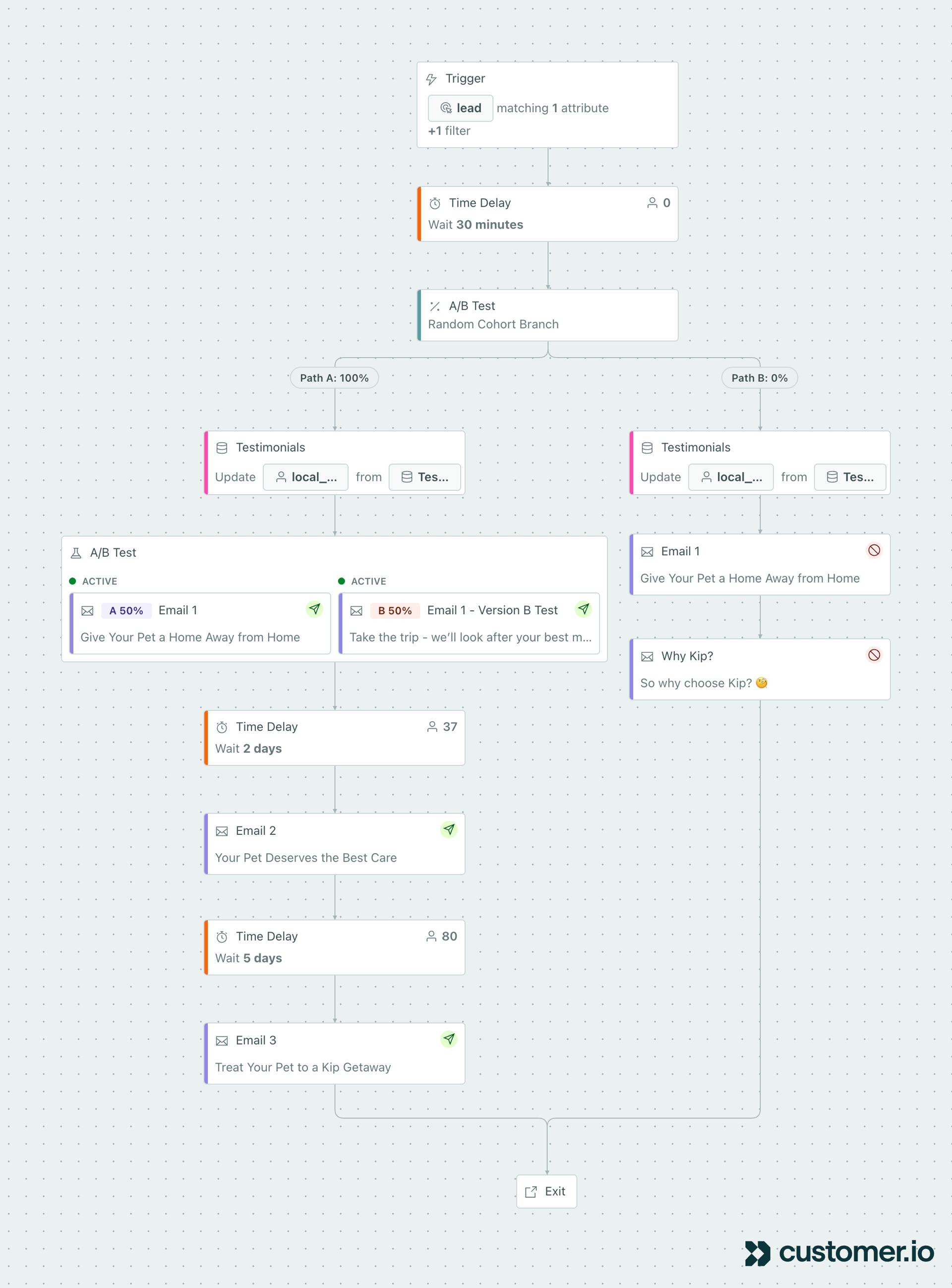 Customer.io win-back workflow for Kip with an A/B test cohort branch and three emails