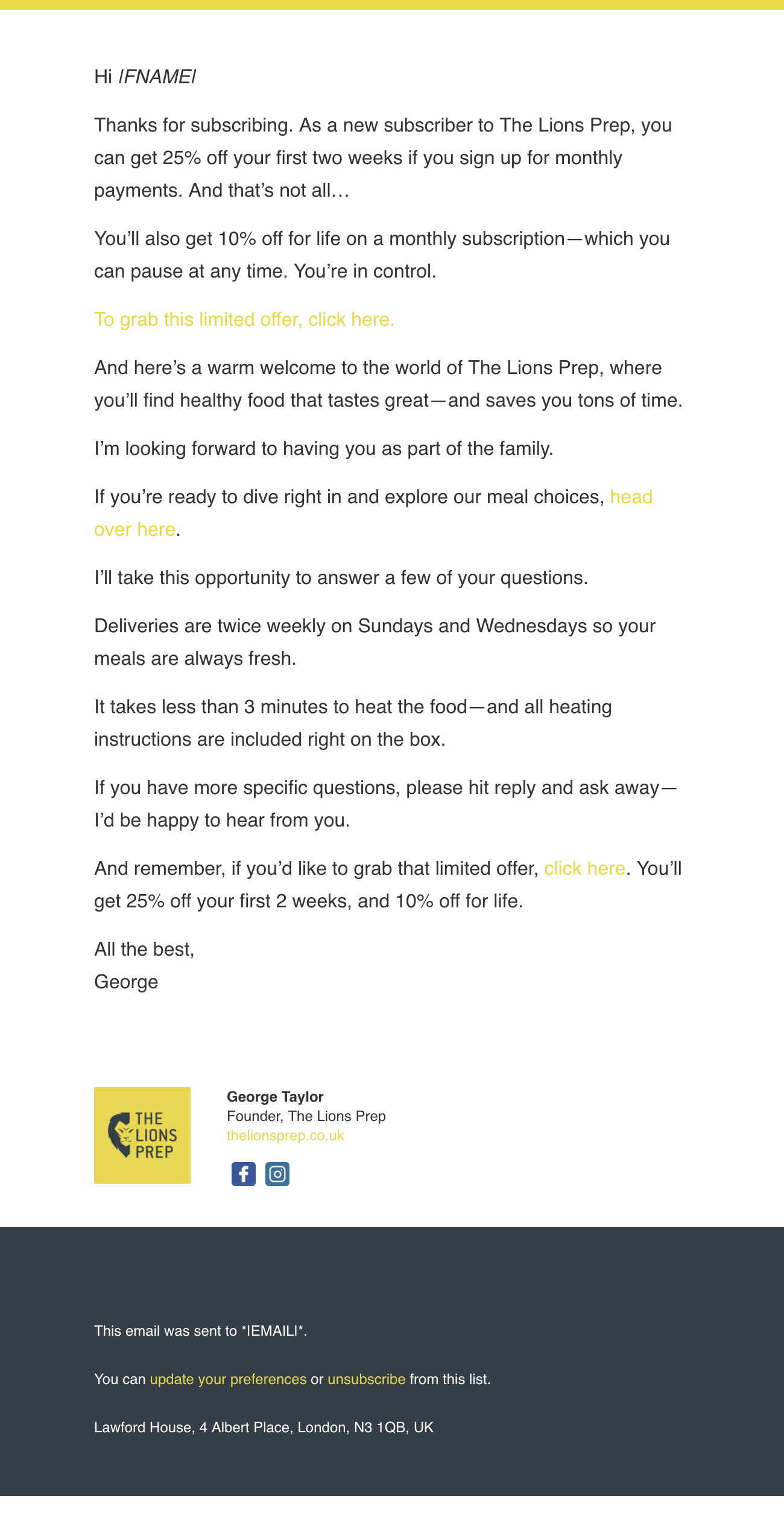 Welcome email from The Lions Prep founder George Taylor with the new-subscriber offer